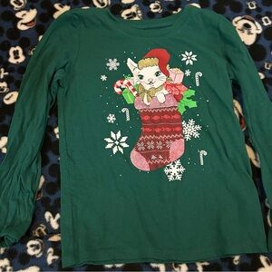 Children’s Place Festive Green Kids Shirt with Cat and Stocking Design